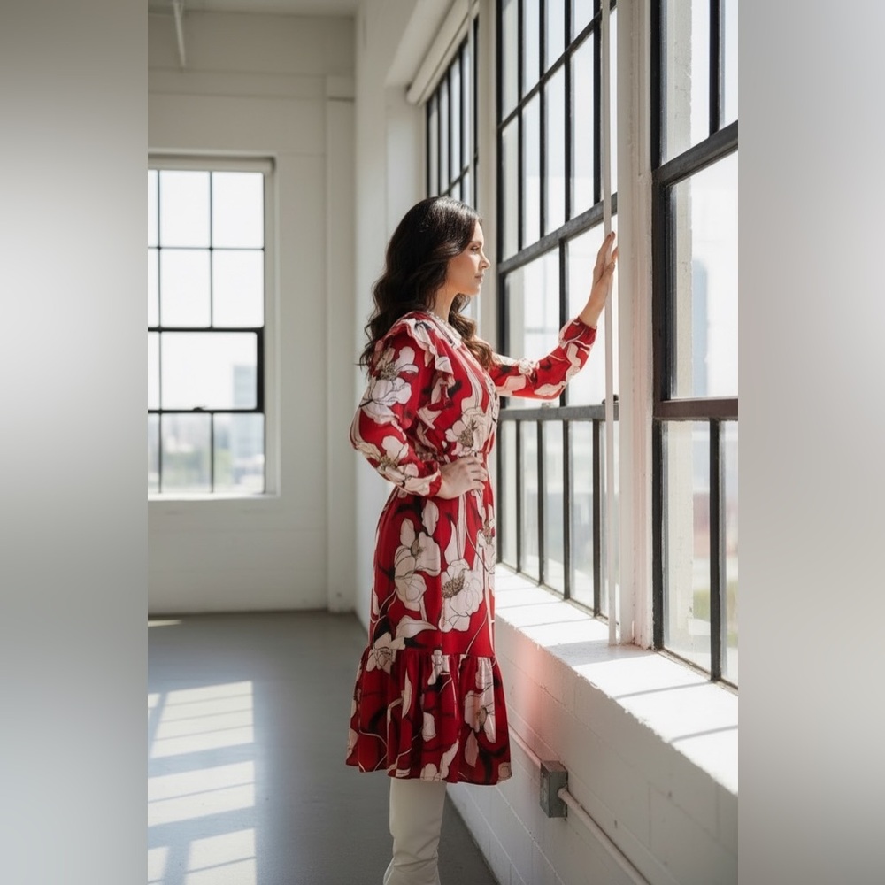 Christian Siriano Satin Floral Long Sleeve Dress in Red and white - Picture 2 of 4